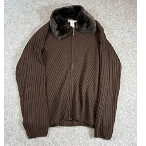 Christina Cardigan Sweater Womens Brown Ribbed Knit Faux Fur Collar Y2K Large